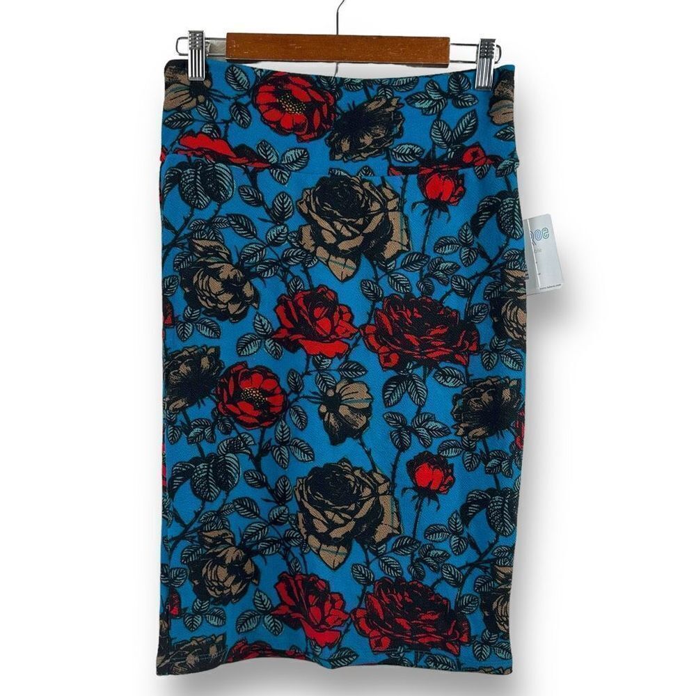 LuLaRoe Women's Size S Cassie Pencil Skirt Blue Red Roses Print‎ Stretchy New - Picture 2 of 8